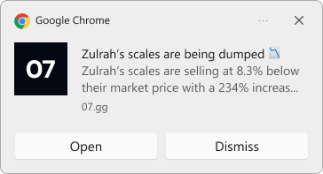 A chrome notification showing a dump alert