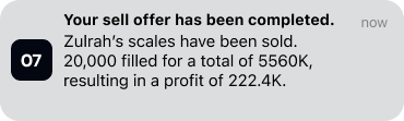 An iOS notification for GE trade completed